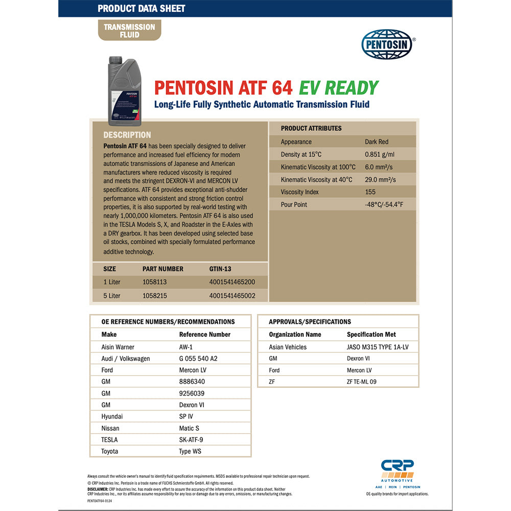 Pentosin 1058215 ATF 64 EV READY Long-Life Fully Synthetic Automatic Transmission Fluid, 5 Liter