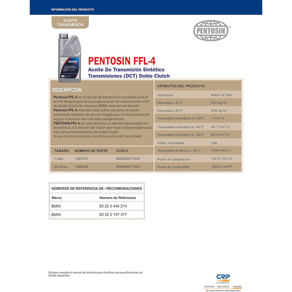 Pentosin 1080107 FFL-4 Synthetic Double Clutch Transmission (DCT) Fluid, 1 Liter