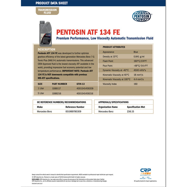 Pentosin 1090117 ATF 134 FE PLUS Premium ATF for MB 9-speed 2017, 1 Liter