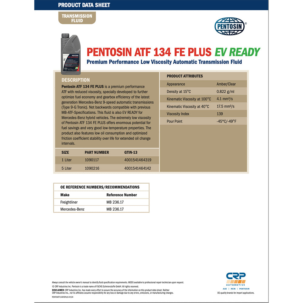 Pentosin 1090216 ATF 134 FE PLUS PremiUm ATF for MB 9-speed 2017 and up MB236.17, 5 Liter
