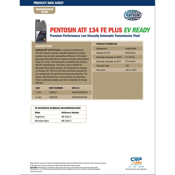 Pentosin 1090216 ATF 134 FE PLUS PremiUm ATF for MB 9-speed 2017 and up MB236.17, 5 Liter