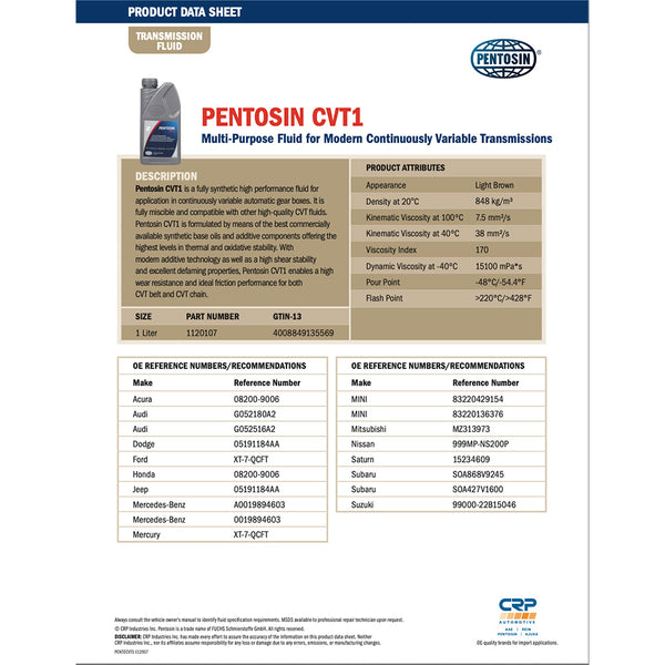 Pentosin 1120107 CVT1 Continuously Variable Transmission Fluid, 1 Liter