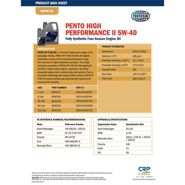 Pentosin 8042107 High Performance II 5W-40 Full Synthetic Motor Oil, 1 Liter