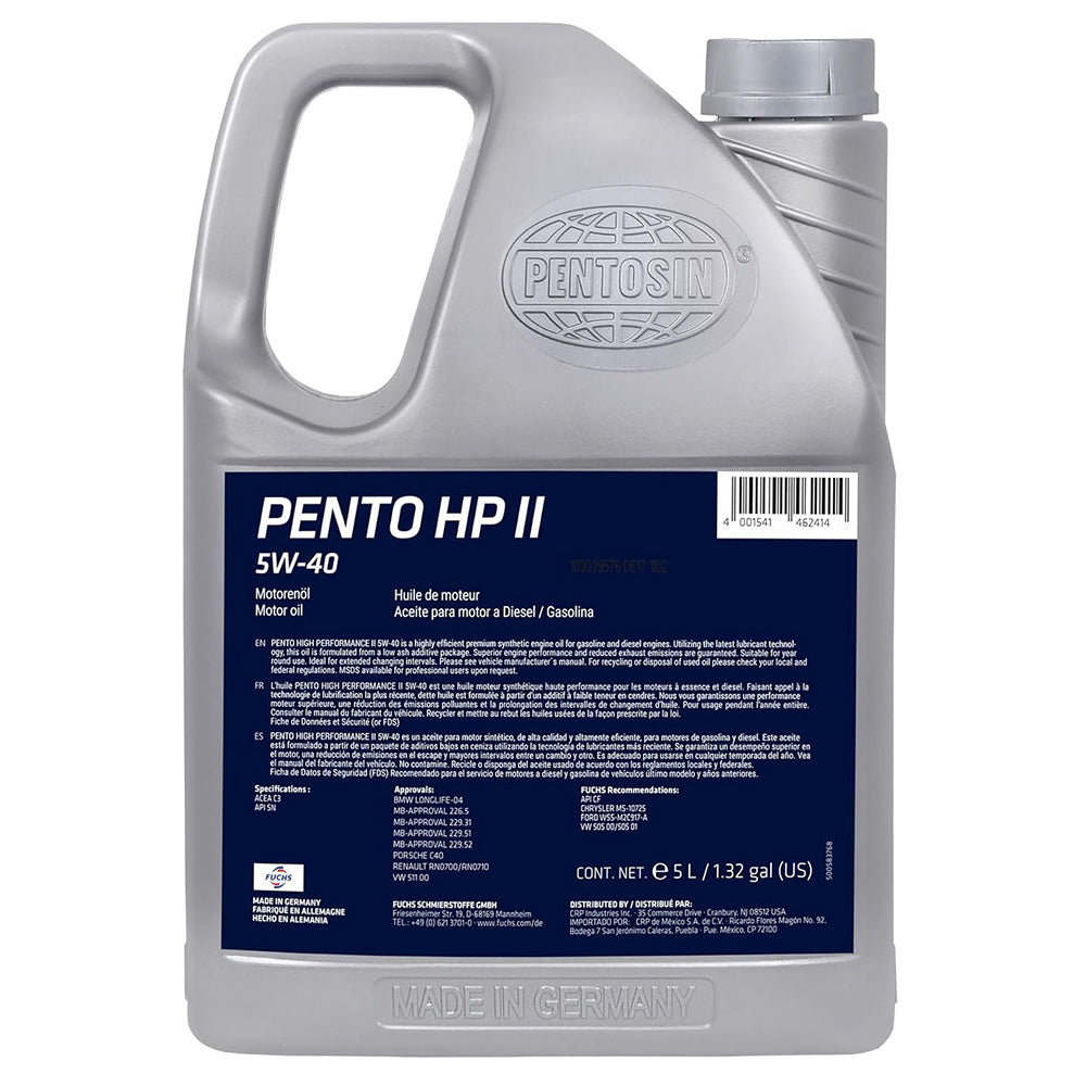 Pentosin 8042206 High Performance II 5W-40 Full Synthetic Motor Oil for Four-Season Use; 5 Liter