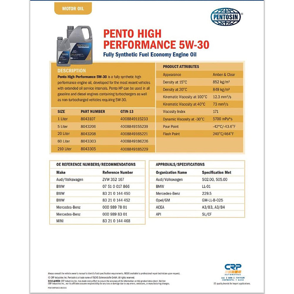 Pentosin 8043206 High Performance 5W-30 Full Synthetic Fuel Economy Engine Oil; 5 Liter (Copy)