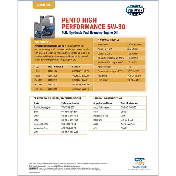 Pentosin 8043206 High Performance 5W-30 Full Synthetic Fuel Economy Engine Oil; 5 Liter (Copy)