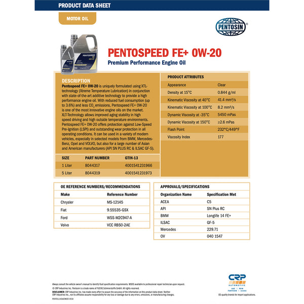 Pentosin 8044317 Pentospeed 0W-20 Synthetic Motor Oil, 1 Liter