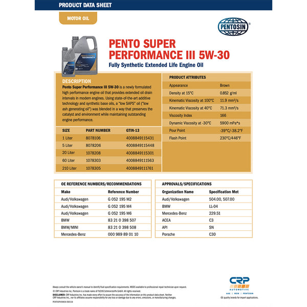 Pentosin 8078106 SP III 5W-30 Synthetic Motor Oil, 1 Liter