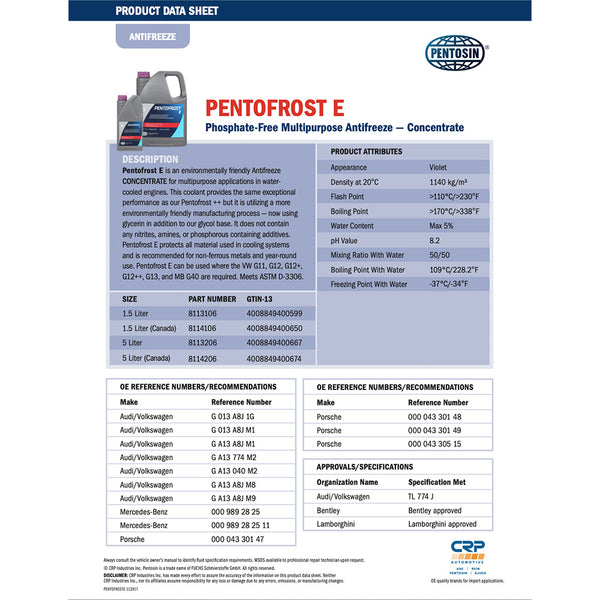 Pentosin 8113106 E Antifreeze with silicates is nitrite, amine & phosphate free, 1 Liter