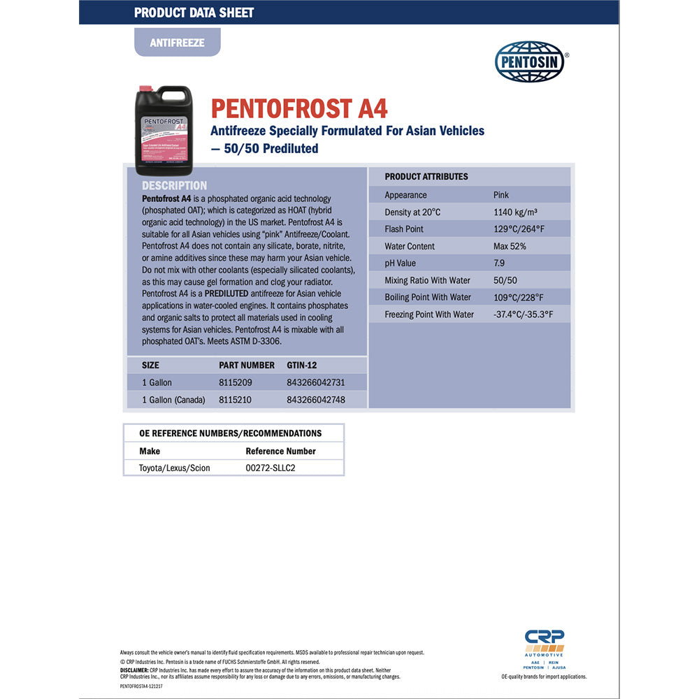 Pentosin 8115209 Antifreeze Specially Formulated For Asian Vehicles, 50/50 Prediluted, 5 Liter