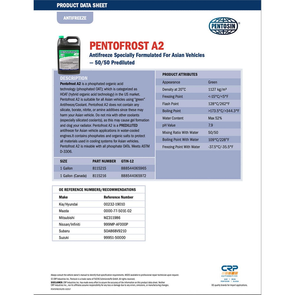 Pentosin 8115216 Pentofrost A2 HOAT phosphated antifreeze formulated for Asian vehicles, 5 Liters