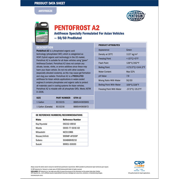 Pentosin 8115216 Pentofrost A2 HOAT phosphated antifreeze formulated for Asian vehicles, 5 Liters