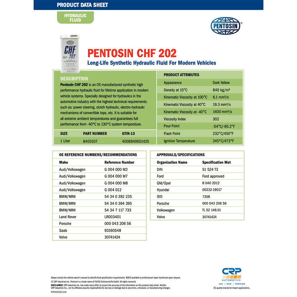 Pentosin 8403107 CHF 202 Hydraulic Fluid. Compatible with CHF 11S, 1 Liter