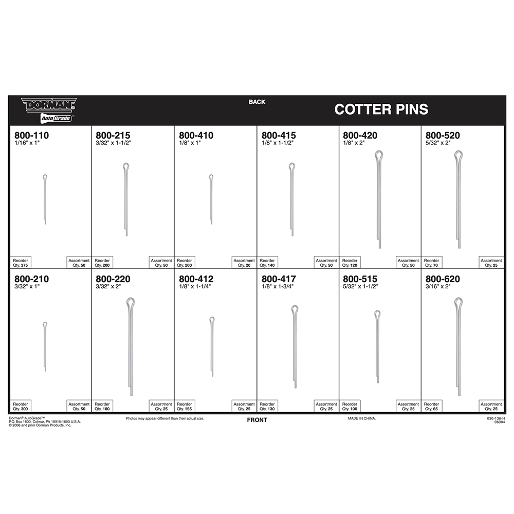 Dorman 030-136 Cotter Pin Tech Tray - 12 SKUs - 390 Pcs