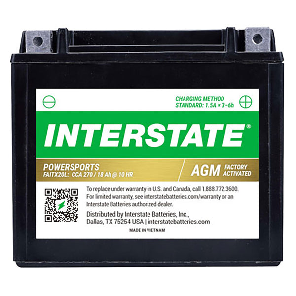 Interstate FAITX20L 12 Volt AGM Power Sport Battery (Group MC) CORE FEE Included!