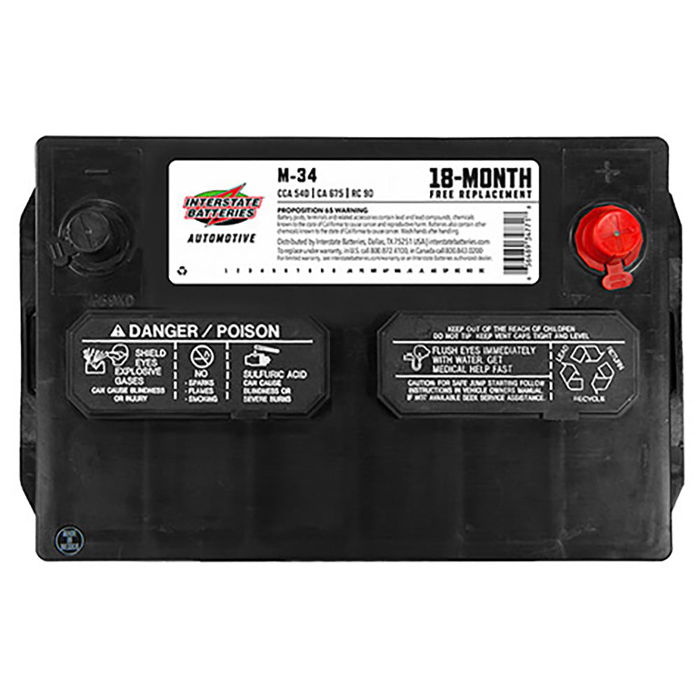 Interstate M-34 Flooded Automotive Battery (Group 34) CORE FEE Included!