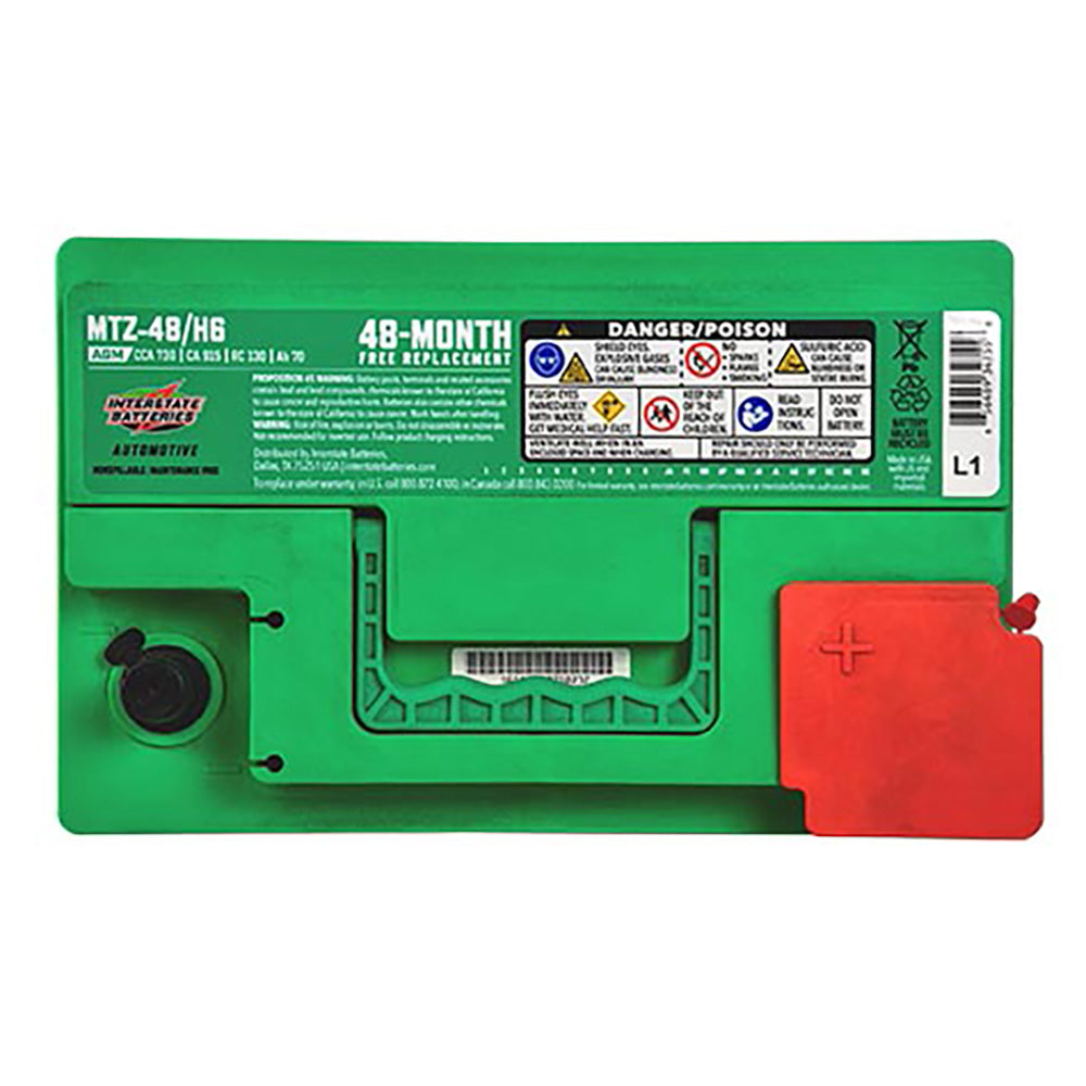 Interstate MTZ-48/H6 AGM Automotive Battery (Group H6) CORE FEE Included!