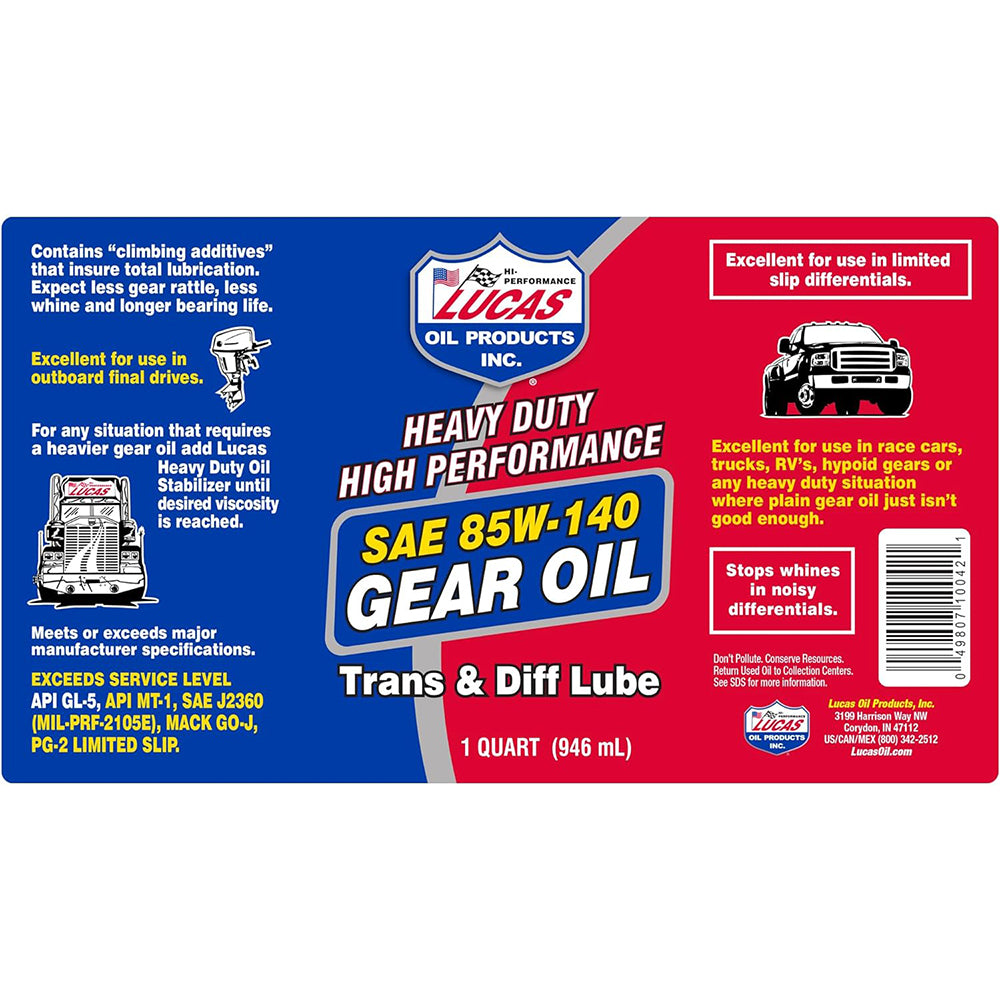 Lucas Oil 10042 Heavy Duty High Performance SAE 85W-140 Gear Oil, 1 Quart