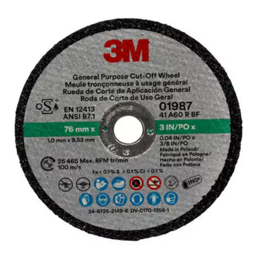 3M 01987 General Purpose Cut-Off Wheel 01987, 3 in x 0.04 in x 3/8 in, Pack of 1