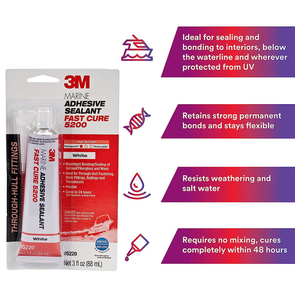 3M Marine Adhesive Sealant 5200FC Fast Cure, 05220, White, (3 oz)