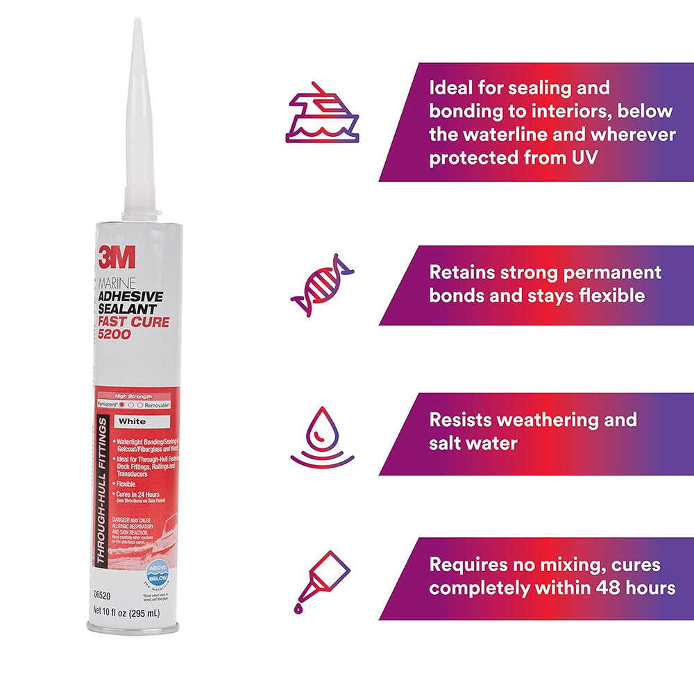 3M Marine Adhesive Sealant 5200FC Fast Cure, 06520, White, (10 oz)