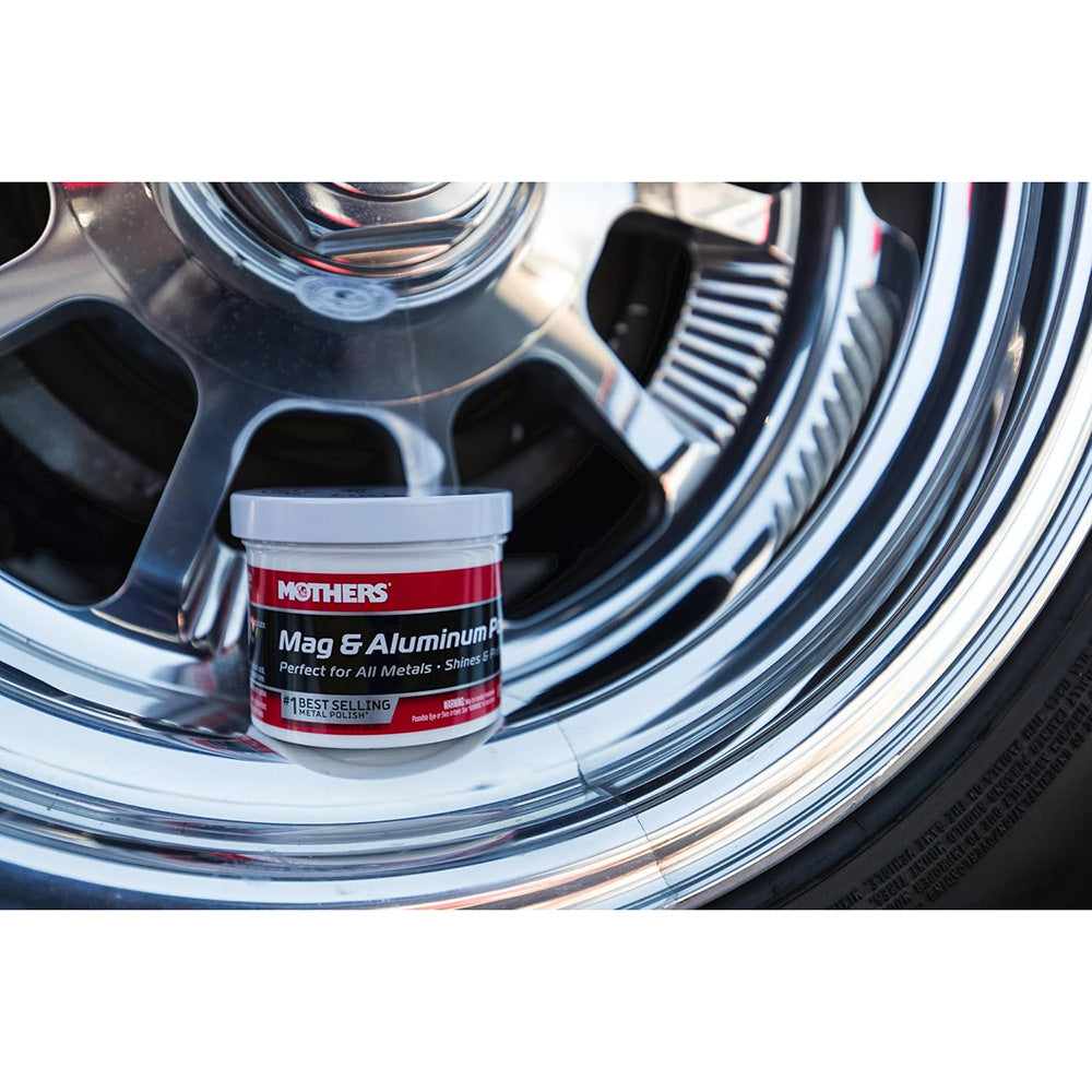 Mothers 05100 Mag & Aluminum Polish, 5 oz. Brilliant Shine, Easy to Use, For All Uncoated & Unplated Metals Including Aluminum Wheels, Stainless Steel