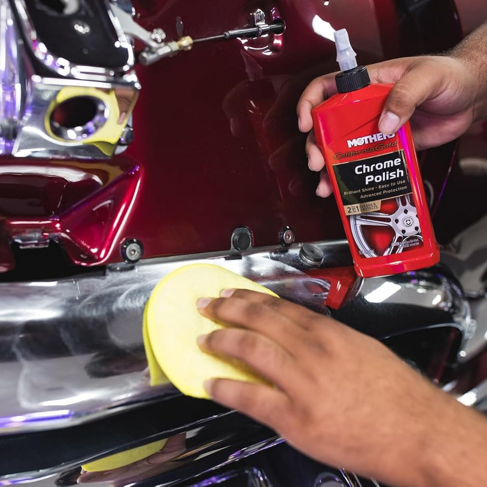 Mothers 05212 California Gold Chrome Polish, 12 oz. — Cleans & Brightens Chrome Bumpers, Wheels, Trim & Accessories, Protects Against Fingerprints, Rust & Corrosion, Safe on Glass & Mirrors
