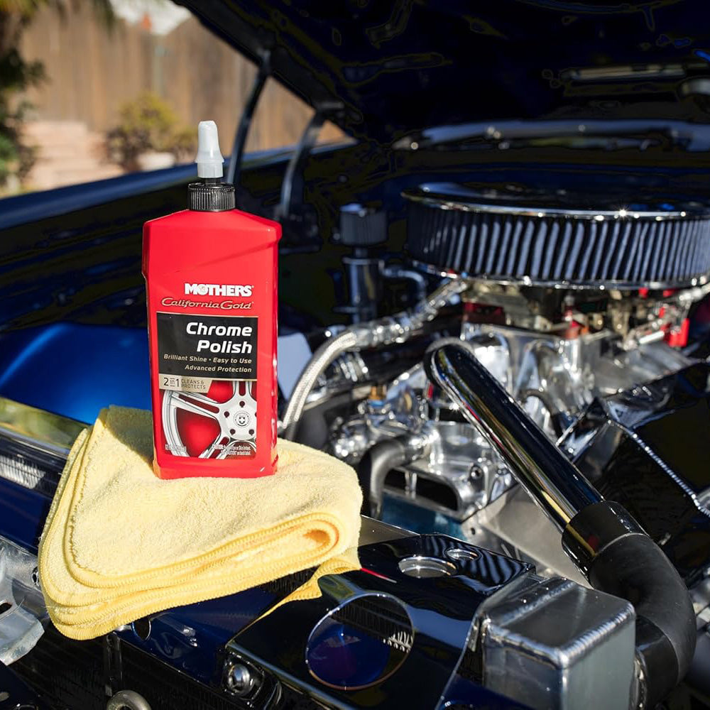 Mothers 05212 California Gold Chrome Polish, 12 oz. — Cleans & Brightens Chrome Bumpers, Wheels, Trim & Accessories, Protects Against Fingerprints, Rust & Corrosion, Safe on Glass & Mirrors
