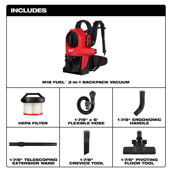 Milwaukee Tool M18 FUEL 3-in-1 Backpack Vacuum