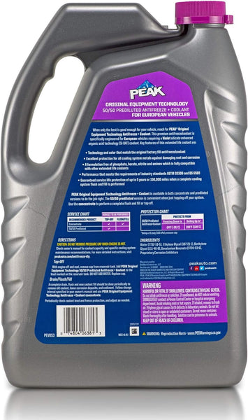 Peak PEV0B3 OET Extended Life Violet 50/50 Prediluted Antifreeze/Coolant for European Vehicles, 1 Gallon