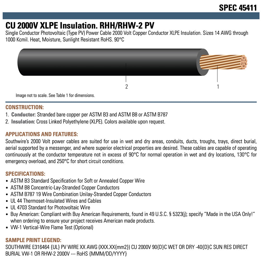 90FT Black Southwire Commercial Grade Premium Pure Copper 10AWG Solar Panel Wire, Solar Extension Cable 2000V (Made in USA)