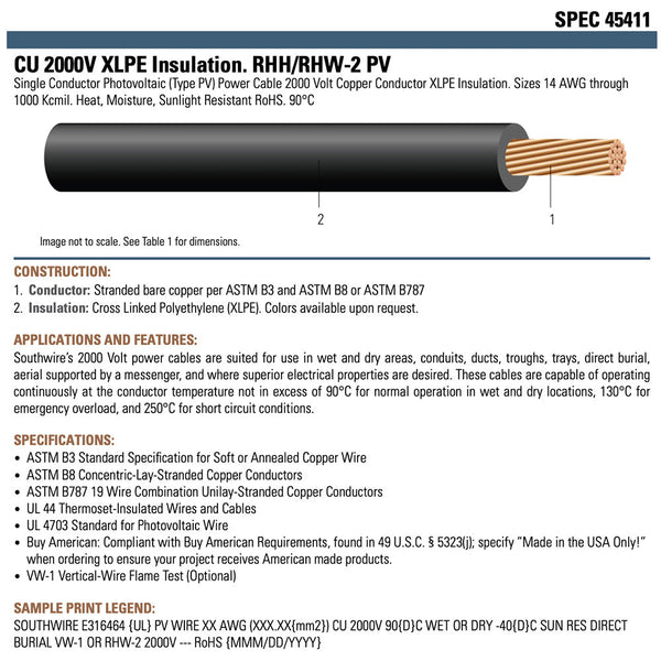 90FT Black Southwire Commercial Grade Premium Pure Copper 10AWG Solar Panel Wire, Solar Extension Cable 2000V (Made in USA)