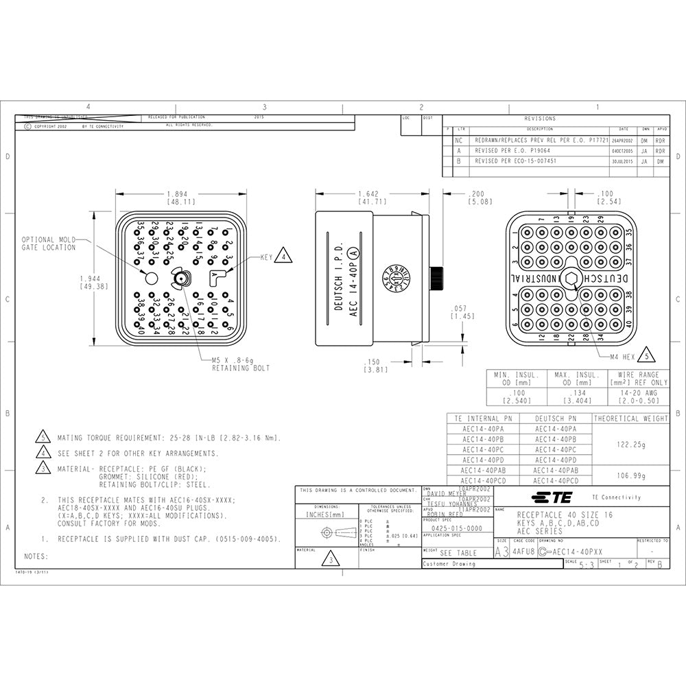 Deutsch AEC14-40PAE-E019 40-Pin Male Connector housing, 16AWG