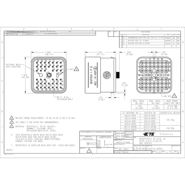 Deutsch AEC14-40PAE-E019 40-Pin Male Connector housing, 16AWG