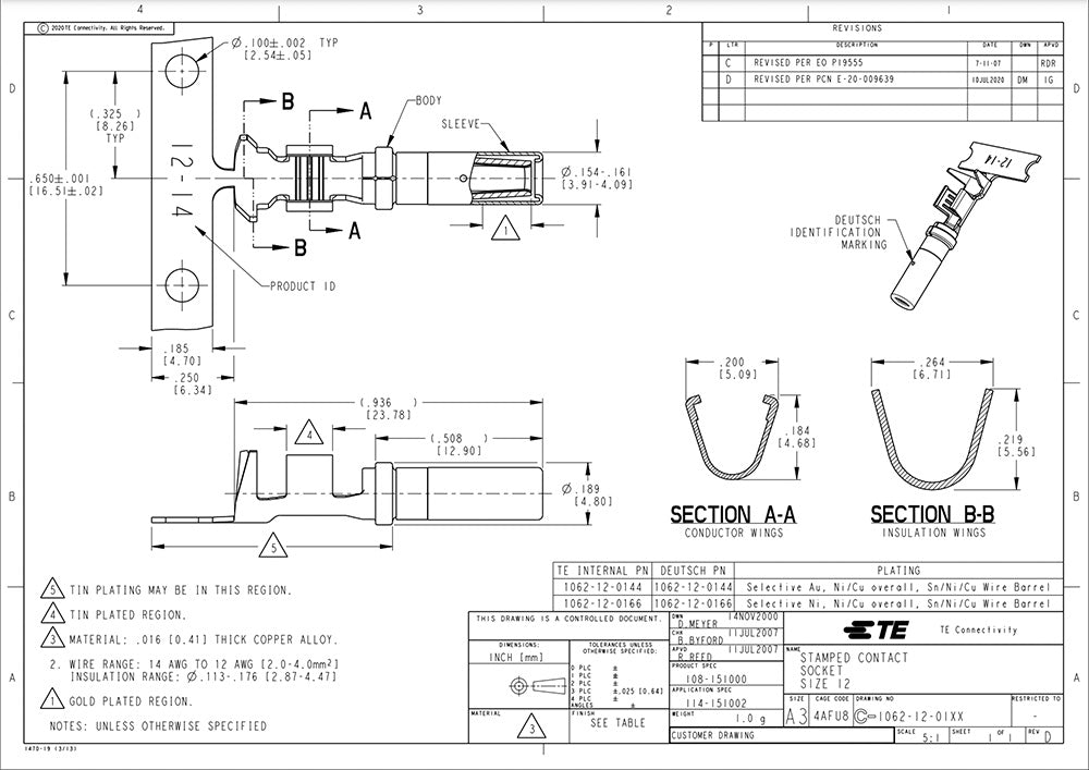 DEUTSCH 1062-16-0122 16-18AWG Open Barrel Nickel Sockets