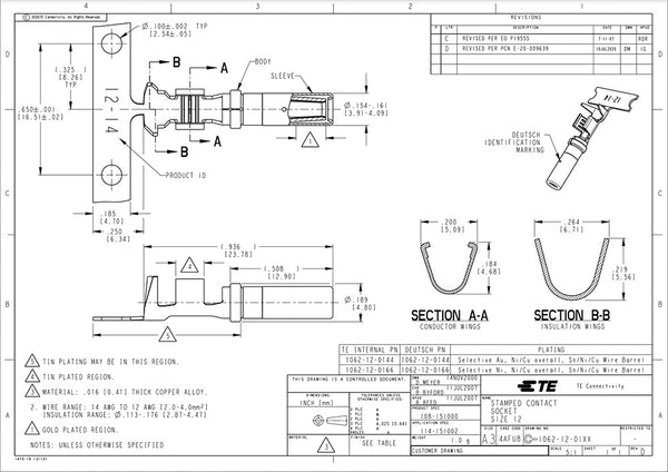 DEUTSCH 1062-16-0122 16-18AWG Open Barrel Nickel Sockets