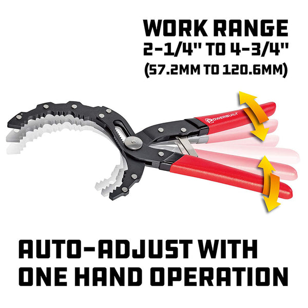 Powerbuilt Self-Adjusting Oil Filter Pliers - 30 Degree Angled Jaws, Lifetime Warranty