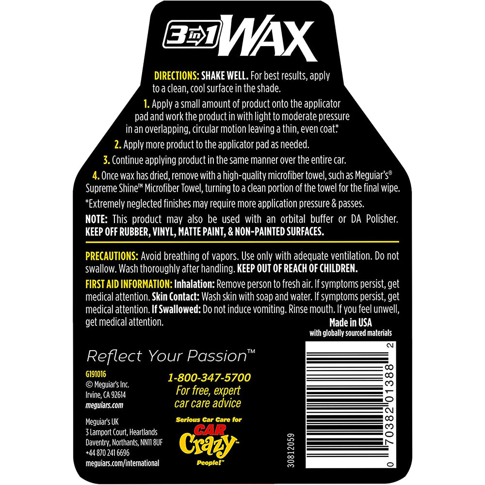 Auto Liquid Wax Meguiar's 3 in 1 Wax, 473ml - G191016 - Pro Detailing