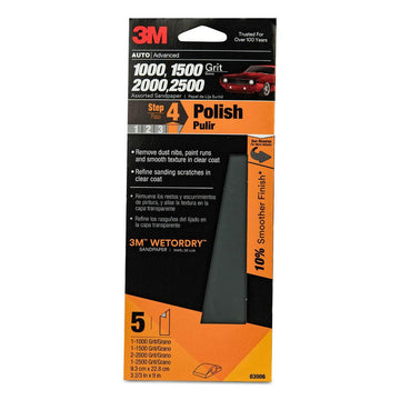 3M Wetordry Sandpaper, 03006, Assorted Fine Grit Pack, 3 2/3 inch x 9 inch, 5 per Pack