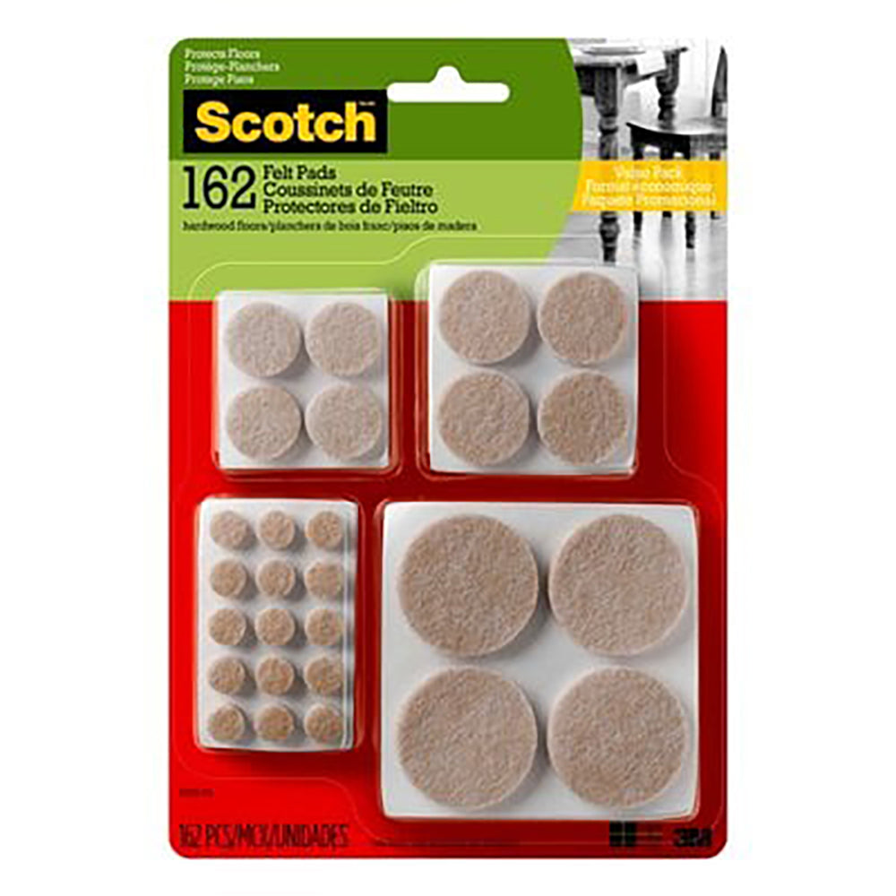 3M Scotch SP845-NA Felt Pads, Felt Furniture Pads for Protecting Hardwood Floors, Round, Beige, Assorted Sizes Value Pack, 162 Pads