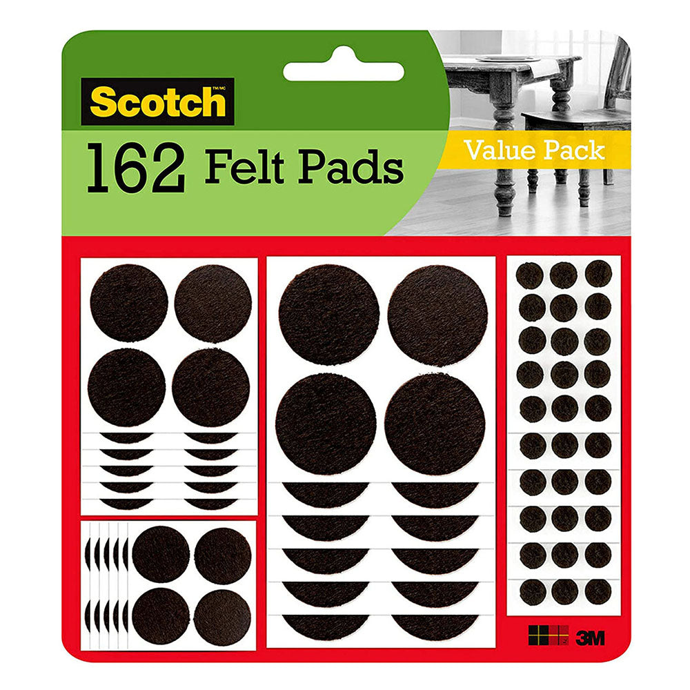 3M Scotch Felt Pads, Felt Furniture Pads for Protecting Hardwood Floors, Assorted Sizes Value Pack, Round, Brown, 162 Pads