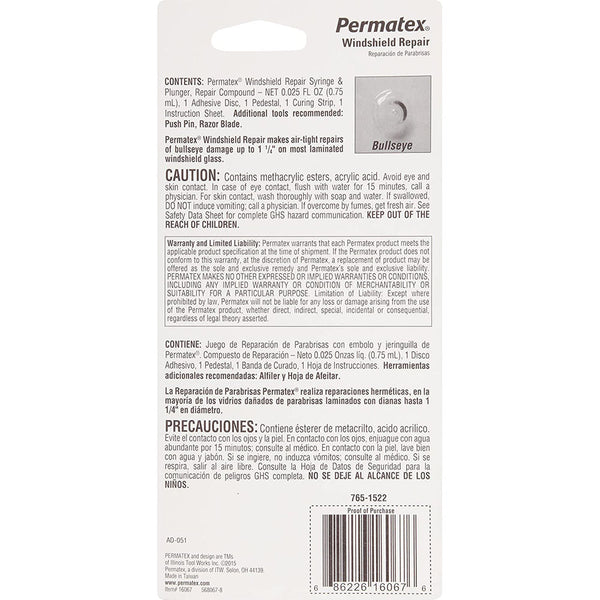 PERMATEX 16067 Bullseye Windshield Repair Kit, .025 oz. Syringe, .025 Ounce Syringe