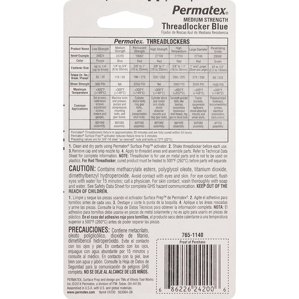 PERMATEX 24200 Medium Strength Thread locker Blue, 6 ml