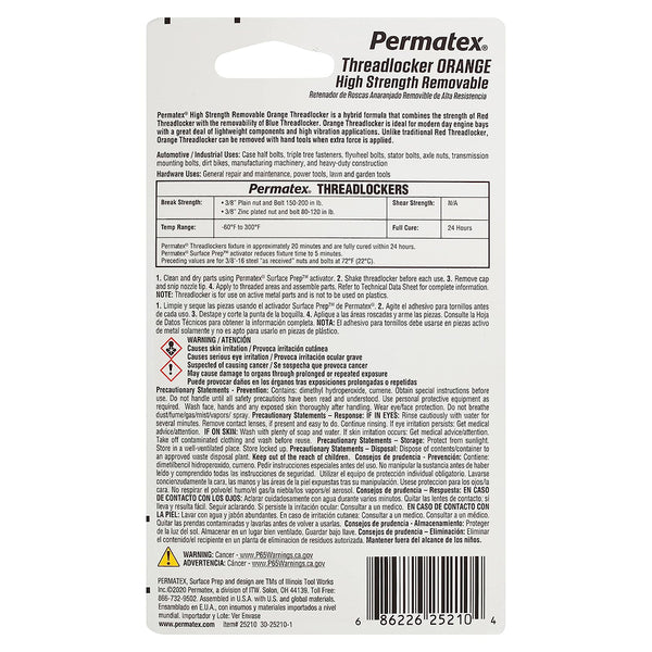 PERMATEX 25210 High Strength Removable Threadlocker Orange Liquid, 10 ml