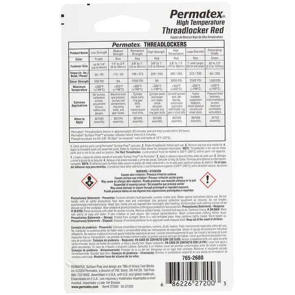 PERMATEX 27200 Hiigh Temperature Threadlocker Red, 10 ml
