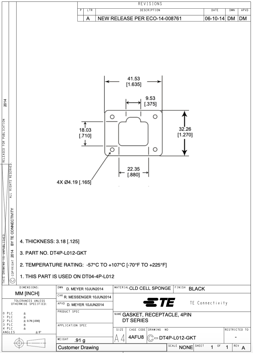 DEUSTCH DT4P-L012-GKT  DT 4-Pin Connector Flange Gasket