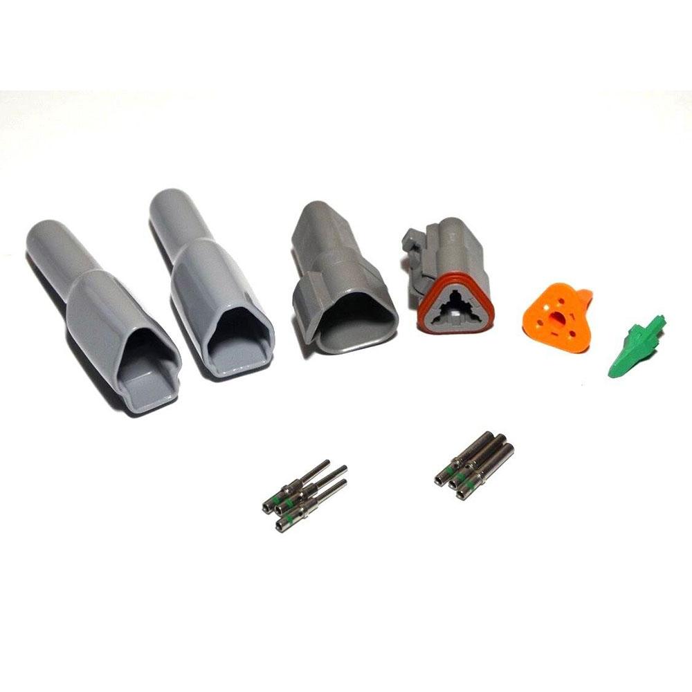 Deutsch DT 3-pin Connector Kit, 14-16AWG Closed Barrel Contacts & Gray Boots