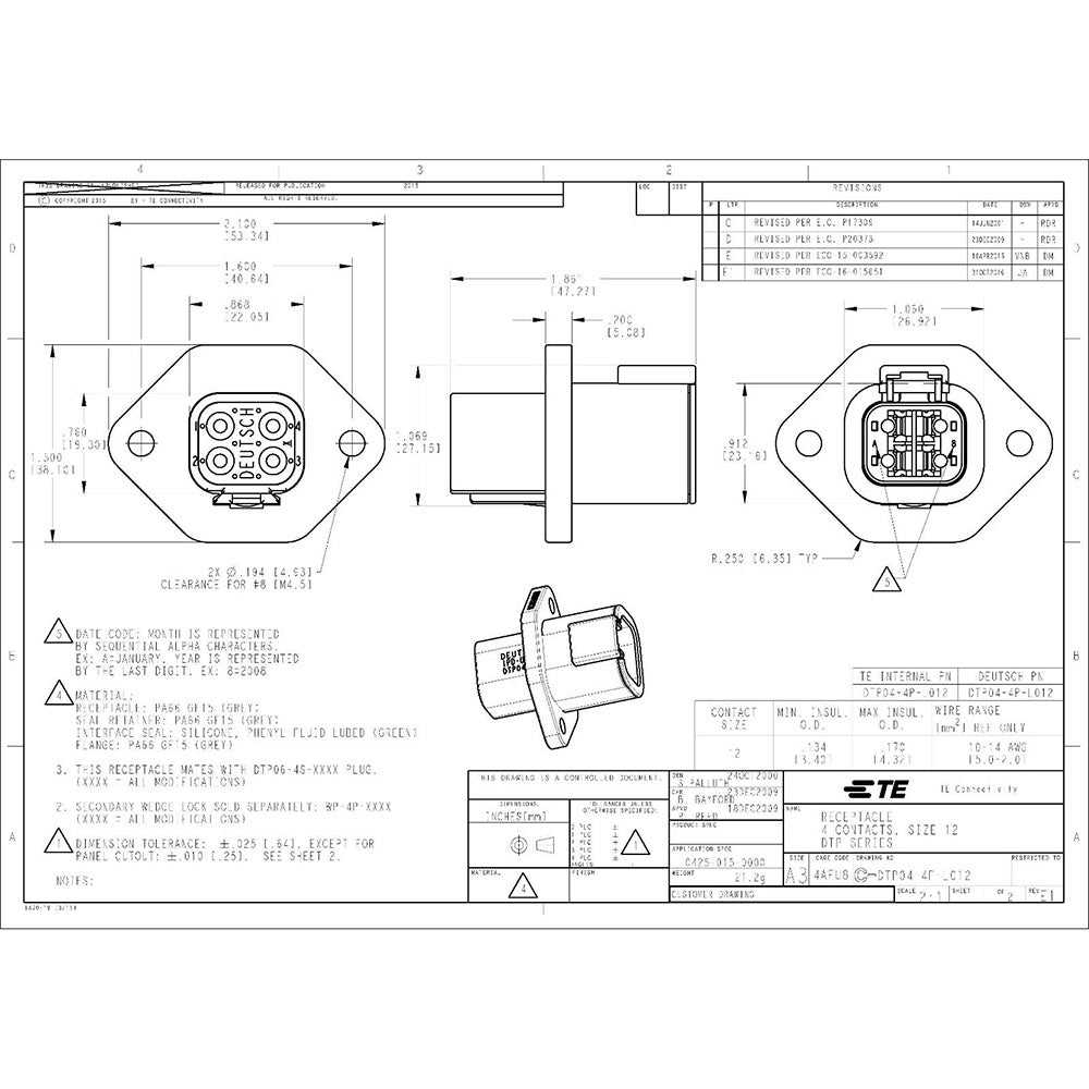 Deutsch DTP 4-Pin Flange Connector & Gasket Kit, 12-14AWG Open Barrel Contacts