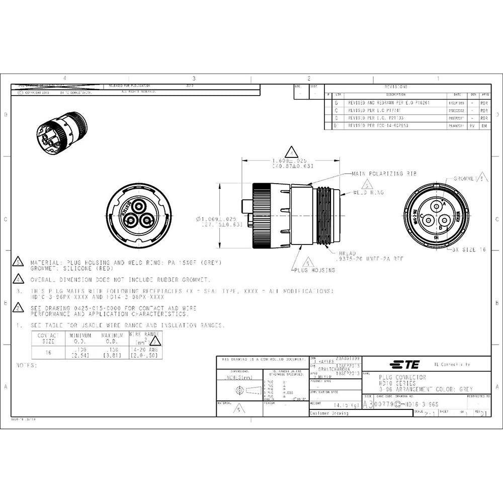 Deutsch HD10 3-Pin Connector & Tool Kit, 14-16 AWG Open Barrel Contacts