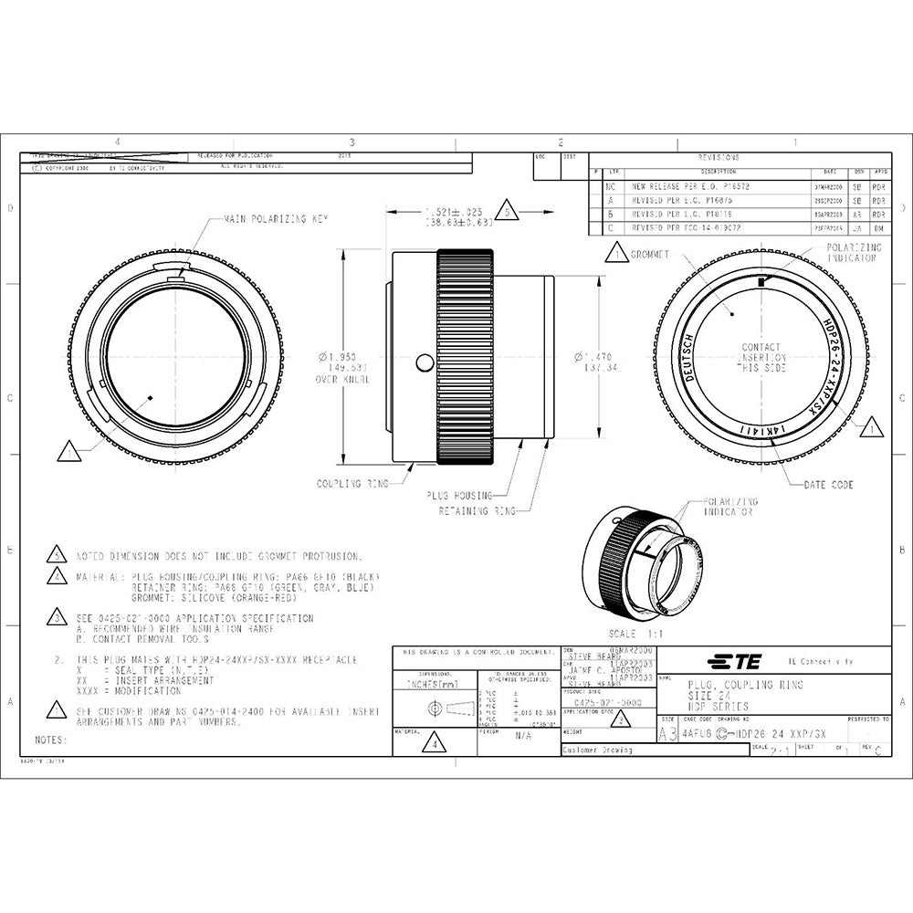 Deutsch HDP20 16-Pin Bulkhead Connector kit, 10-12AWG Open Barrel Contacts